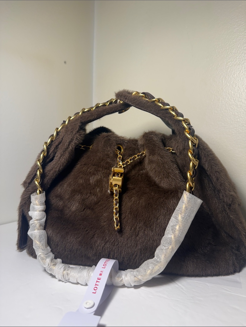 Plush Faux Fur Brown Satchel with Gold Chain Detail